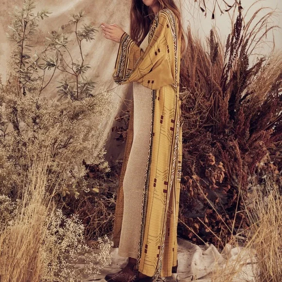 Bohemian Western Aztec Tribal Geo Belted Kimono Duster Cover up Beach - Picture 9 of 12